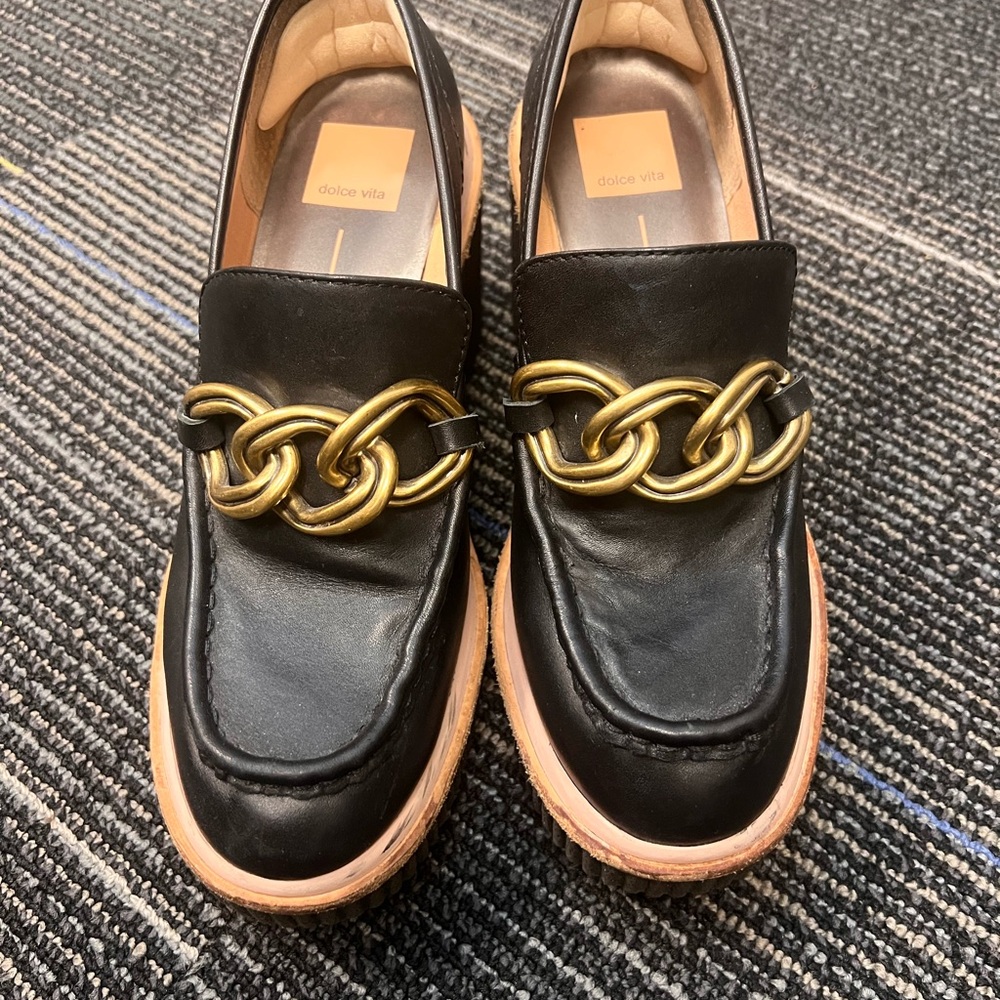Dolce Vita Black Leather Loafers with Gold Chain Accent